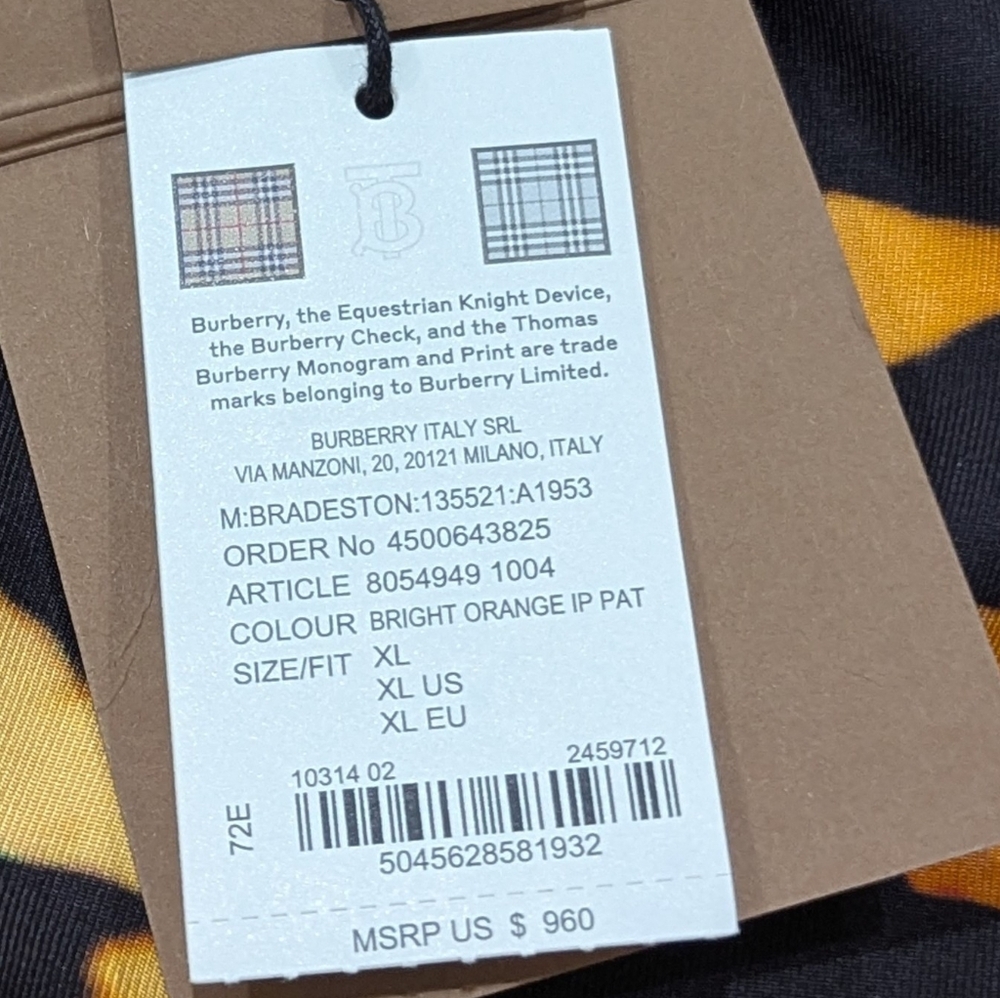 $960 Mens Burberry Animal Print Silk Shorts Bright Orange XL - Picture 9 of 9
